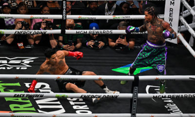 Gervonta Davis knocks down Ryan Garcia on April 22, 2023