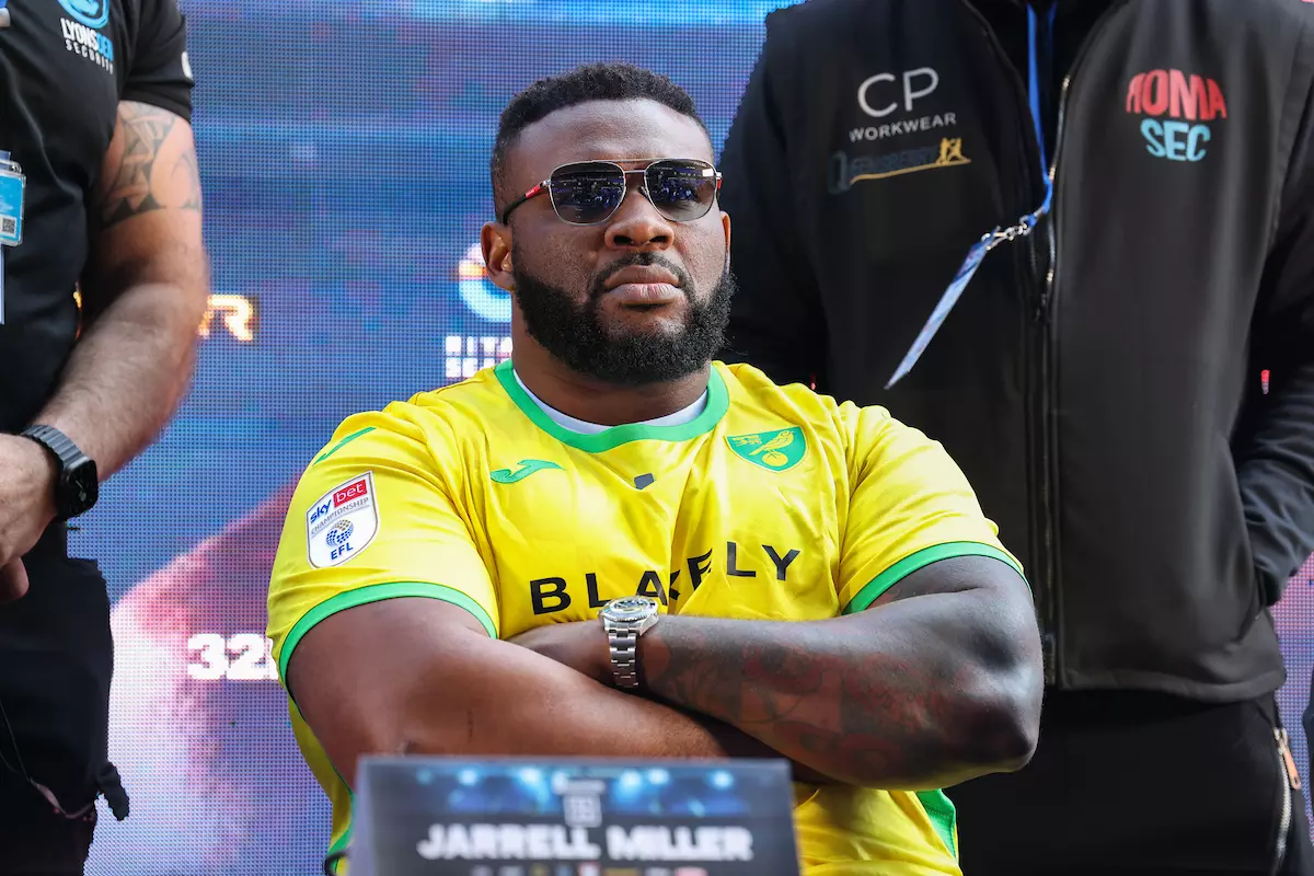 Jarrell Miller at the press conference for his planned fight vs Fabio Wardley, which was later cancelled.