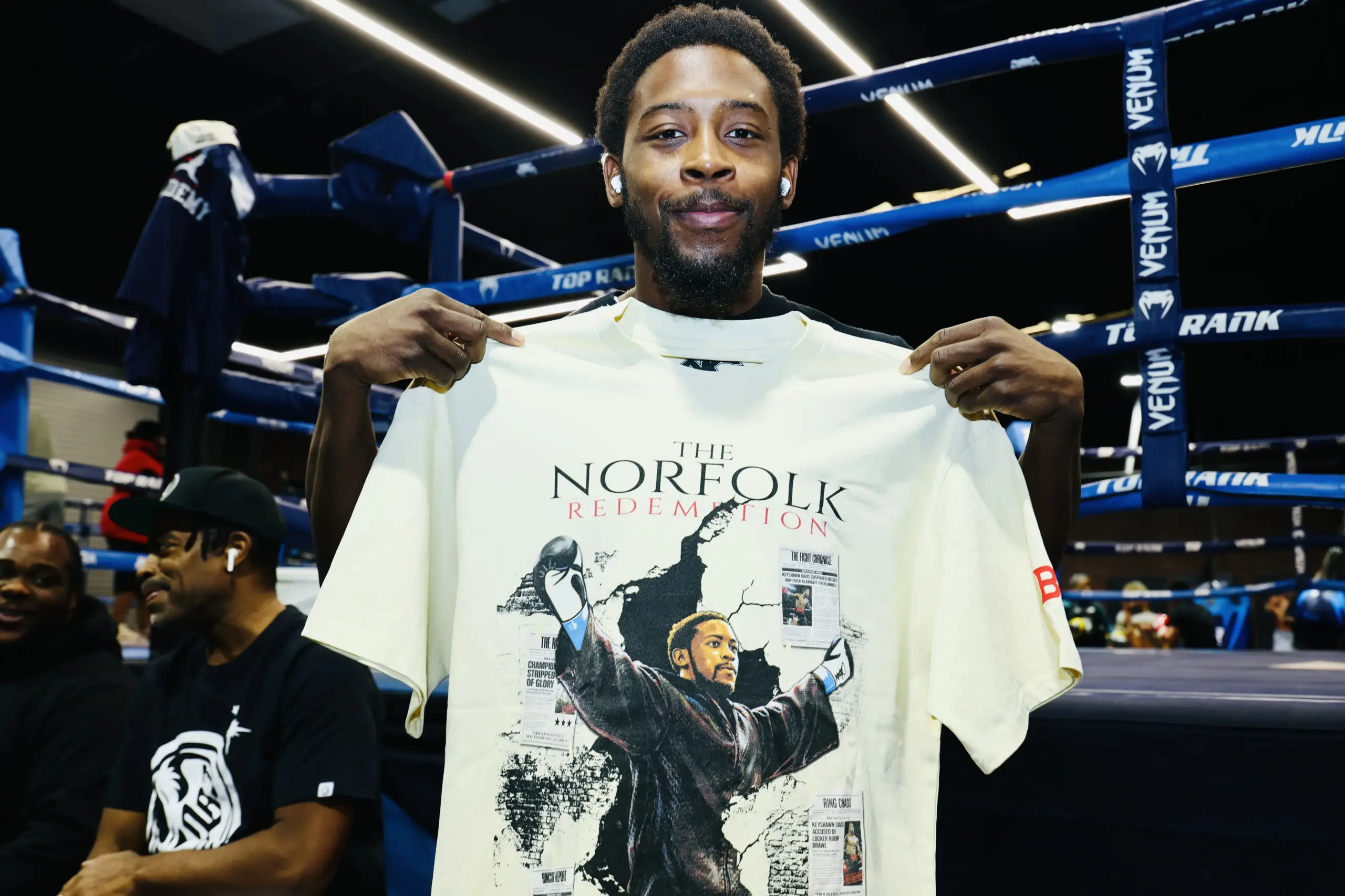 Keyshawn Davis vs Nahir Albright: Keyshawn Davis holding Norfolk Redemption t-shirt