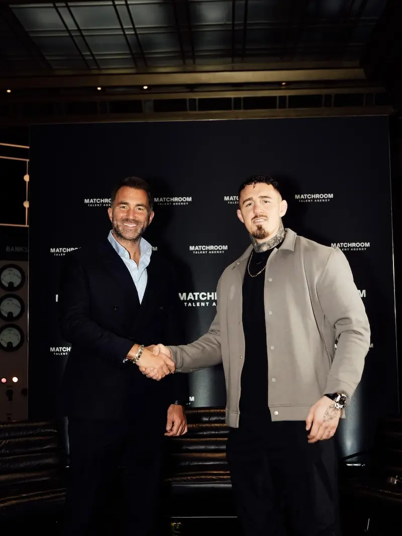 Tom Aspinall and Eddie Hearn, celebrating Aspinall signing to Matchroom talent