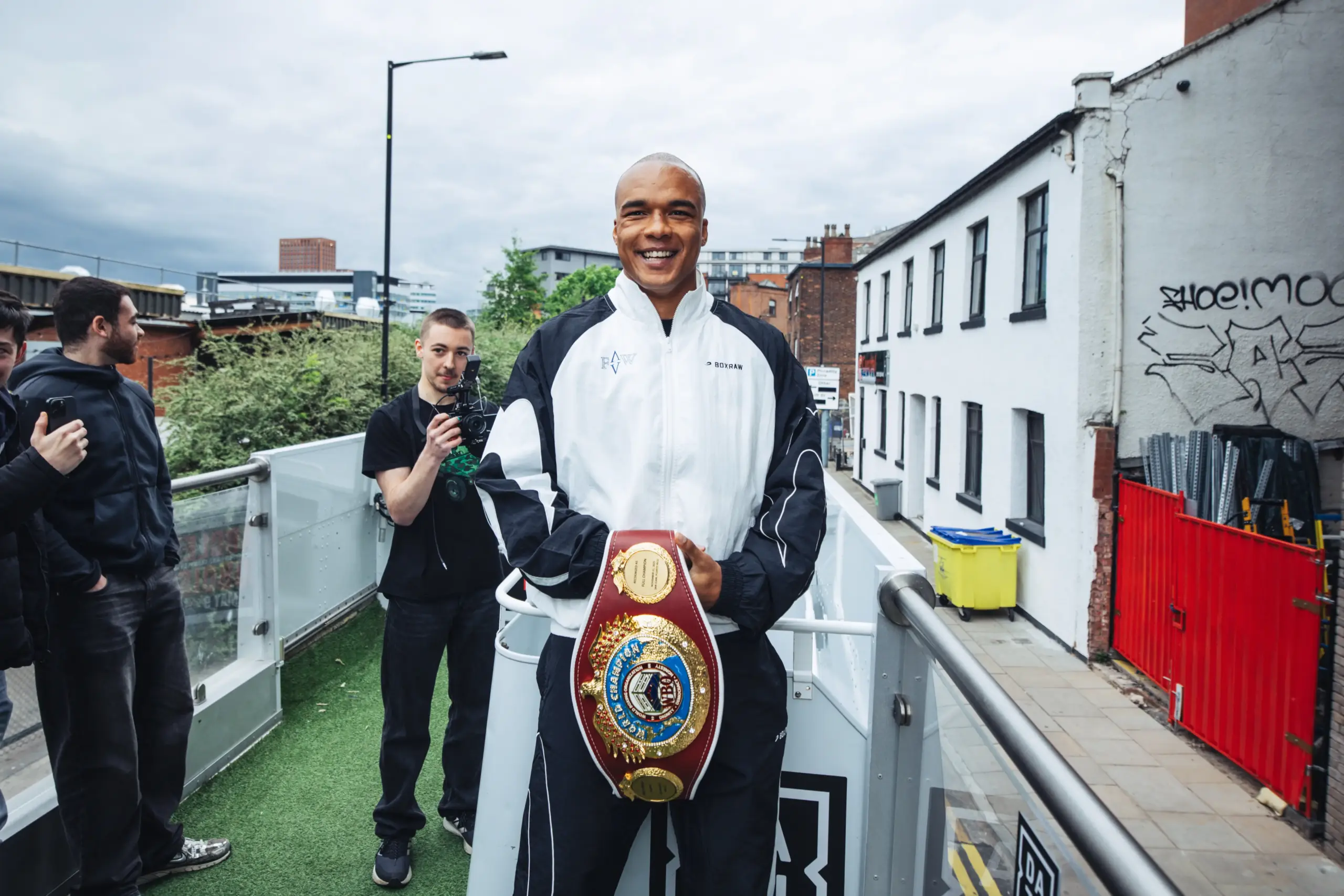 Fabio Wardley holding his WBO heavyweight title at Media day for Daniel Dubois fight.